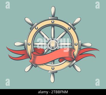 Hand Made Vintage Steering Wheel with Banner Drawn in Engraving Style. Vector Illustration. No AI was used. Stock Vector