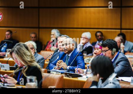 Vienna, Austria, Austria. 5th Dec, 2023. Representative of Sudan Mission to the UN speaks at a delayed meeting in the UN Vienna to commemorate the Day of Palestine which fell on 29 November, which coincides with the anniversary of the adoption of the UNGA Palestine partition started in 1978.This year, 140 people attended the event, representing 52 permanent missions, 8 IGOs/UN guests. (Credit Image: © Bianca Otero/ZUMA Press Wire) EDITORIAL USAGE ONLY! Not for Commercial USAGE! Stock Photo