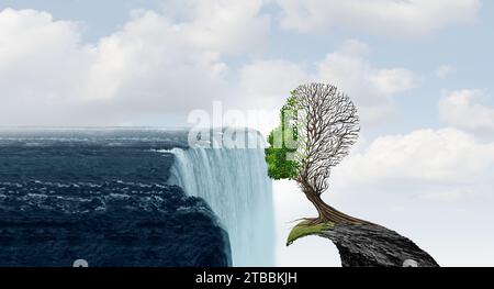 Rejuvenation And Well Being as a symbol for spirituality and a metaphor for revival as a vulnerable tree drinking from a waterfall as a business conce Stock Photo