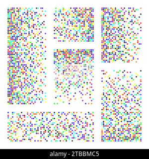 Pixel disintegration, decay effect. Various rectangular elements made of square shapes. Dispersed dotted pattern. Mosaic texture with simple particles Stock Vector