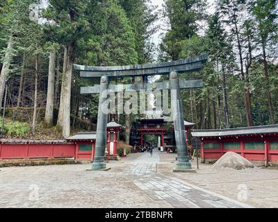 Back side of the front torii gate of the Futarasan Jinja shrine in Nikko, Japan. This shrine was founded in 767 by Shodo Shonin. Stock Photo