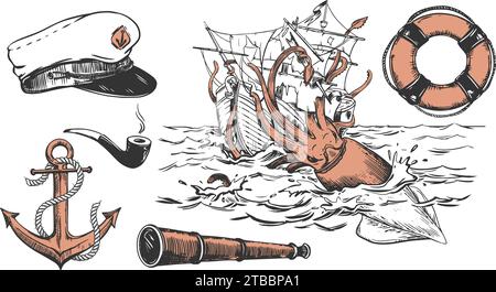 Nautical elements set. Anchor, captain's cap, lifebuoy, smoking pipe. Composition according to the legends of sailors, a huge squid attacks the ship. Stock Vector