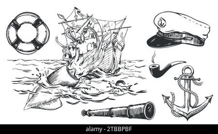 Nautical elements set. Anchor, captain's cap, lifebuoy, smoking pipe. Composition according to the legends of sailors, a huge squid attacks the ship. Stock Vector