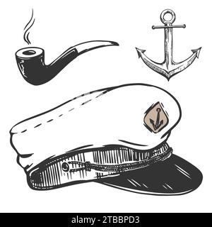 Nautical elements set. Vector captain's cap, smoking pipe, metal anchor. Monochrome illustration in engraving style. Package design elements, sea rest Stock Vector