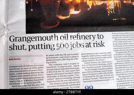 'Grangemouth oil refinery to shut, putting 500 jobs at risk' Guardian newspaper headline Petroineos Refining article 23 November 2023 London UK Stock Photo
