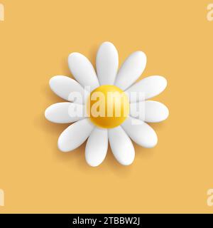 3D Daisy or chamomile flower icon, white delicate flower in bloom render cartoon style on pastel yellow backdrop Stock Vector