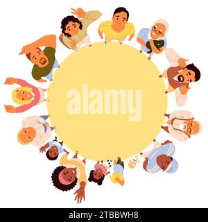 Happy people standing in circle looking up top view Stock Vector