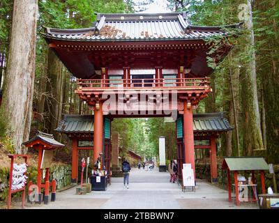 The main gate of Futarasan Jinja shrine in Nikko, Japan. This shrine was founded in 767 by Shodo Shonin. Stock Photo