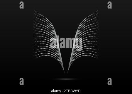 Silver wings linear wavy abstract on a black background. Angel wings. Vector graphics Stock Vector