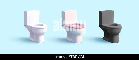 3D Cartoon Toilet with Tank, set in different colours, black and white with pink lid, render graphic isolated Stock Vector