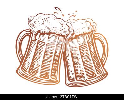 Cheers, Two beer mugs toast. Clinking glass glasses full of ale and splashes of foam. Vector illustration Stock Vector