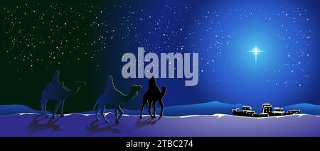 The three Wise Men follow the star to find the baby Jesus Stock Vector ...