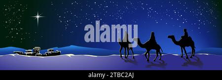 The three Wise Men follow the star to find the baby Jesus Stock Vector ...