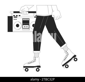 Male roller skater holding boombox black and white 2D line cartoon legs closeup Stock Vector