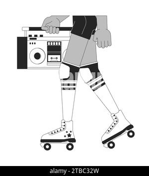 Female roller skater carrying boombox black and white 2D line cartoon legs closeup Stock Vector