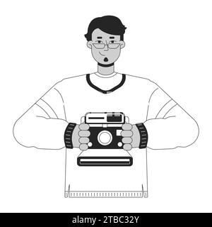 Cheerful arab man holding retro camera black and white 2D line cartoon character Stock Vector