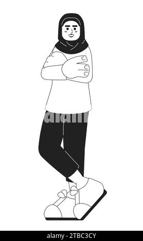 Millennial muslim woman standing posing black and white cartoon flat illustration Stock Vector