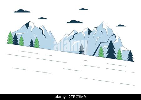 Ski slope beside mountain forest line cartoon flat illustration Stock Vector