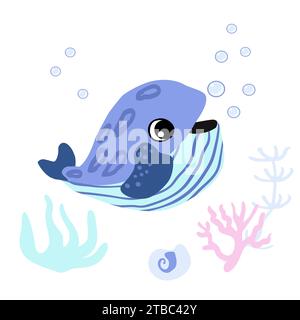 Cute Minke whale with bubbles, seashells and seaweed underwater. Vector illustration of marine life character Stock Vector