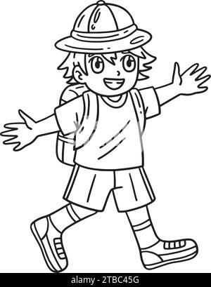 Camping Happy Camper Boy Walking Isolated Coloring Stock Vector