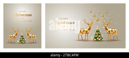 Christmas cards with christmas tree, deers, snow, hanging christmas balls decoration - luxury gold color vector illustration. Happy holidays! Stock Vector