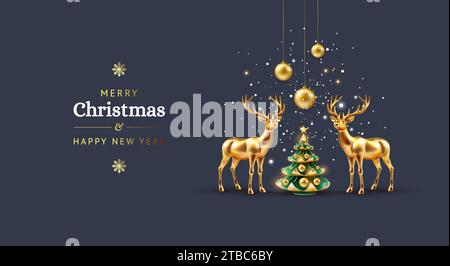 Elegant Christmas card with golden Christmas deers and Christmas tree on dark blue background, snow and golden decorations - vector illustration Stock Vector
