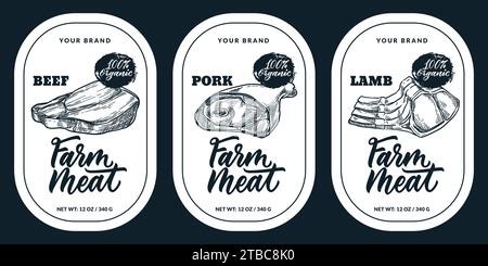 Farm fresh meat products package label or sticker template. Vector hand drawn sketch illustration of beef, pork, lamb and calligraphy lettering. Food Stock Vector