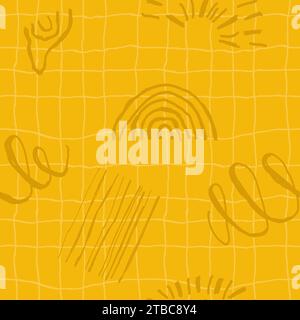Naive seamless squiggle pattern with yellow checkered lines and freehand doodles. Creative abstract hand drawn style drawing background with texture Stock Vector