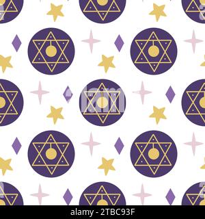 Magic esoteric symbol seamless pattern. Hexagonal emblem, stars and crystals background. Astrological print for themed textile, wallpaper, fabric Stock Vector