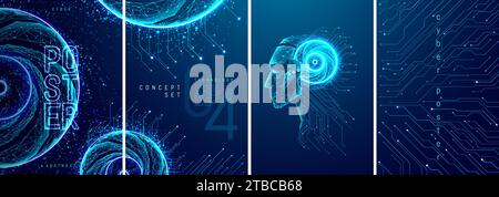 AI technology poster design. Set of posters in futuristic light blue. Stock Vector