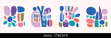 Quirky childrens monster illustration set in hand drawn cheerful shape style. Flat elements of vector doodles for playful kindergarten minimal art.  Stock Vector