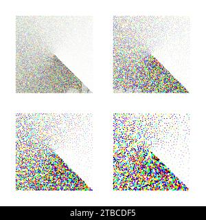 Square shaped dotted objects, stipple elements. Stippling, dotwork drawing shading using dots. Halftone disintegration effect. Colored noise grainy Stock Vector