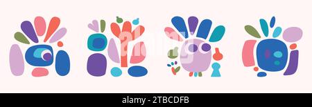 Quirky childrens monster illustration set in hand drawn cheerful shape style. Flat elements of vector doodles for playful kindergarten minimal art.  Stock Vector
