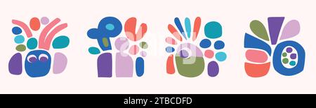 Quirky childrens monster illustration set in hand drawn cheerful shape style. Flat elements of vector doodles for playful kindergarten minimal art.  Stock Vector