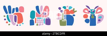 Quirky childrens monster illustration set in hand drawn cheerful shape style. Flat elements of vector doodles for playful kindergarten minimal art.  Stock Vector