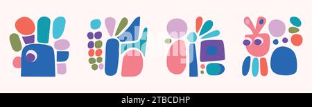 Quirky childrens monster illustration set in hand drawn cheerful shape style. Flat elements of vector doodles for playful kindergarten minimal art.  Stock Vector