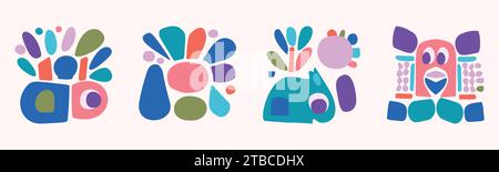 Quirky childrens monster illustration set in hand drawn cheerful shape style. Flat elements of vector doodles for playful kindergarten minimal art.  Stock Vector