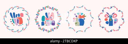 Quirky childrens monster illustration set in wreath cheerful shape style. Flat elements of vector doodles for playful kindergarten minimal art.  Stock Vector