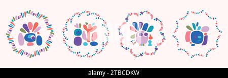 Quirky childrens monster illustration set in wreath cheerful shape style. Flat elements of vector doodles for playful kindergarten minimal art.  Stock Vector