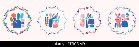 Quirky childrens monster illustration set in wreath cheerful shape style. Flat elements of vector doodles for playful kindergarten minimal art.  Stock Vector
