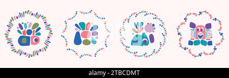 Quirky childrens monster illustration set in wreath cheerful shape style. Flat elements of vector doodles for playful kindergarten minimal art.  Stock Vector