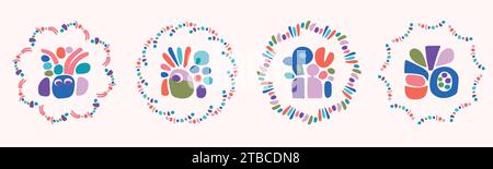Quirky childrens monster illustration set in wreath cheerful shape style. Flat elements of vector doodles for playful kindergarten minimal art.  Stock Vector