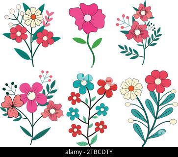 Set of  Spring flower collection vector illustrations stickers design Stock Vector