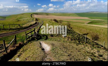 The Wansdyke ancient earthwork on the Wiltshire Downs, looking towards Tan Hill. Stock Photo