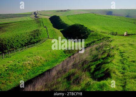 The Wansdyke ancient earthwork on the Wiltshire Downs, looking towards Milk Hill. Stock Photo