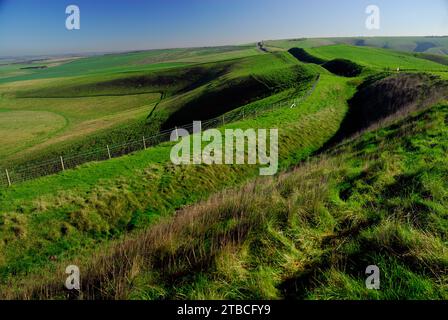 The Wansdyke ancient earthwork on the Wiltshire Downs, looking towards Milk Hill. Stock Photo