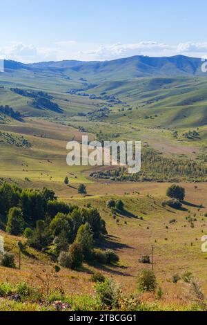 Vertical summer landscape photo of Altai mountains taken at the Devils finger mountain viewpoint Stock Photo