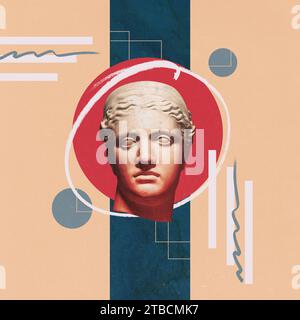 Poster. Contemporary art collage. Bust of antique Greek statue against pastel peach background with futuristic doodles and geometry figures. Stock Photo