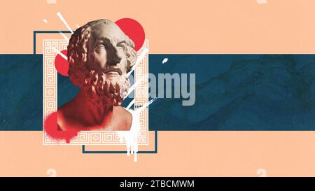 Poster. Contemporary art collage. Antique greek statue in grainy fabric effect against background with negative space for text. Stock Photo