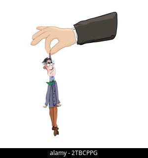 Big hand holding small man. Huge hand holding small businessman. Man gets fired from job.Competition in market.Conflicts at work.Vector illustration Stock Vector